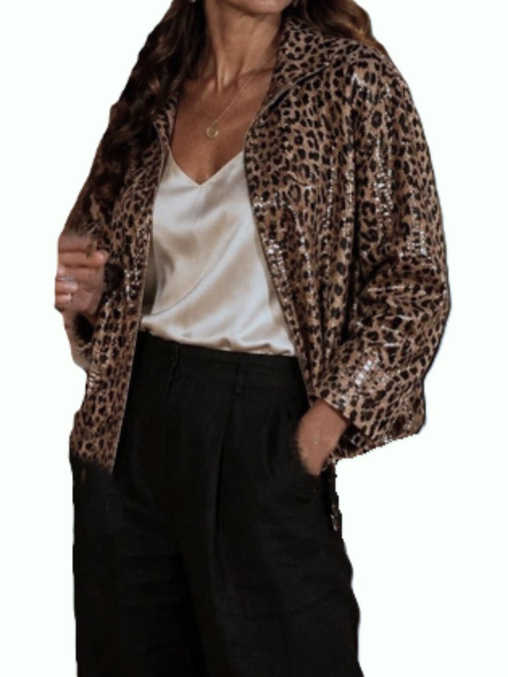 Misook Animal Clear Palilette Sequin Leopard Print Zip Front Jacket size M